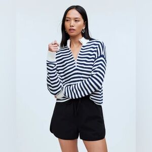 Madewell Ribbed Half-Zip Sweater in Stripe White Navy Blue Size Small